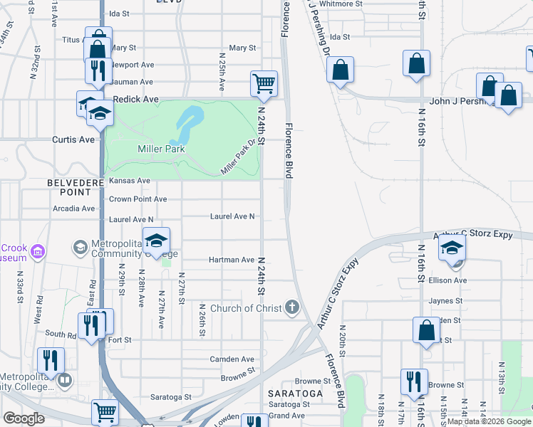 map of restaurants, bars, coffee shops, grocery stores, and more near 5901 North 24th Street in Omaha