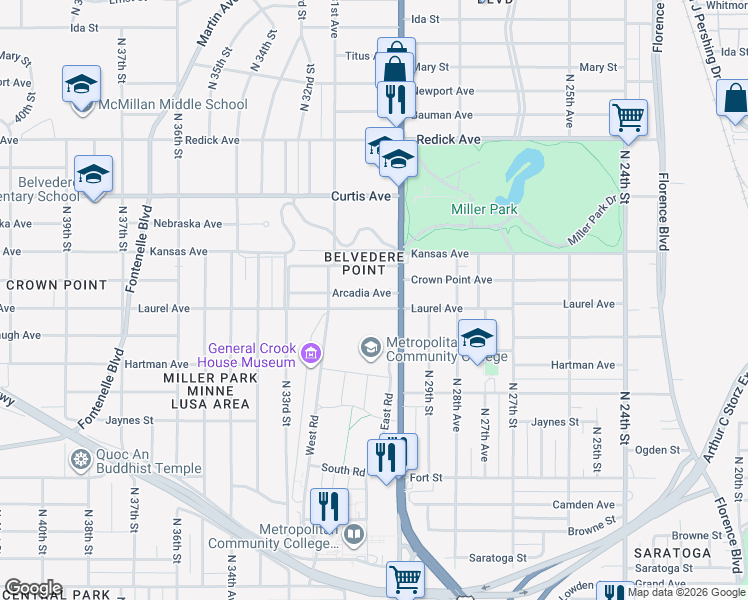 map of restaurants, bars, coffee shops, grocery stores, and more near 3027 Arcadia Avenue in Omaha