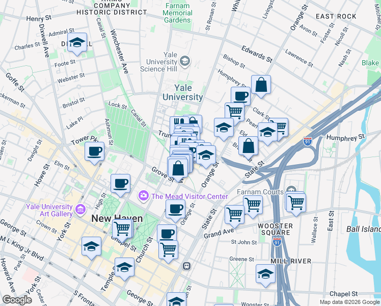 map of restaurants, bars, coffee shops, grocery stores, and more near 63 Trumbull Street in New Haven
