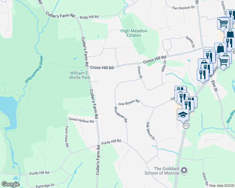 map of restaurants, bars, coffee shops, grocery stores, and more near 88 Woodlawn Road in Monroe