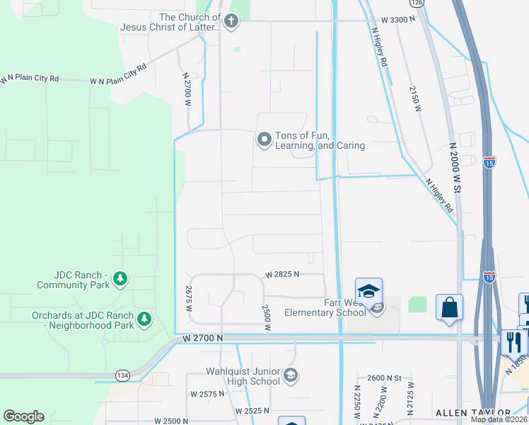 map of restaurants, bars, coffee shops, grocery stores, and more near 2502 West 2950 North in Farr West