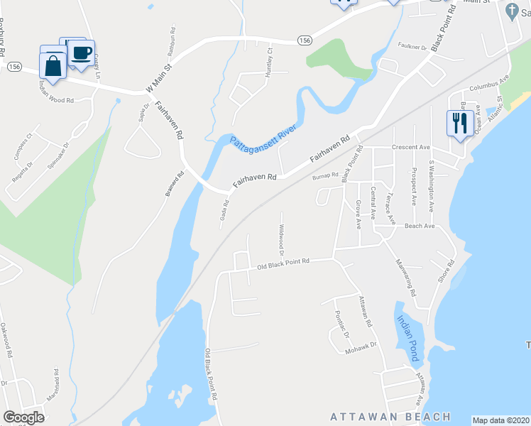 map of restaurants, bars, coffee shops, grocery stores, and more near 20 Wildwood Drive in East Lyme