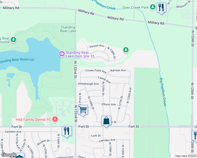map of restaurants, bars, coffee shops, grocery stores, and more near 12918 Laurel Avenue in Omaha