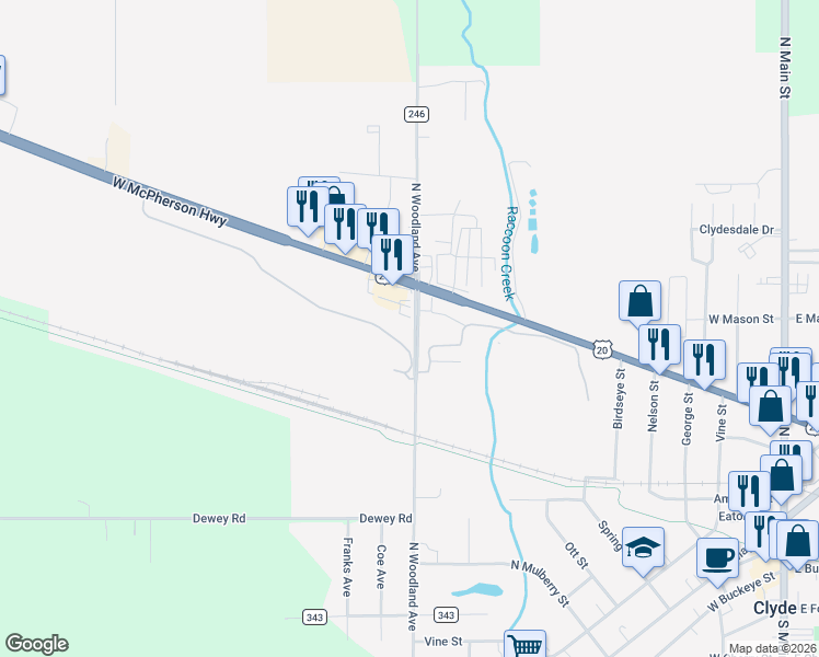 map of restaurants, bars, coffee shops, grocery stores, and more near 761 North Woodland Avenue in Clyde