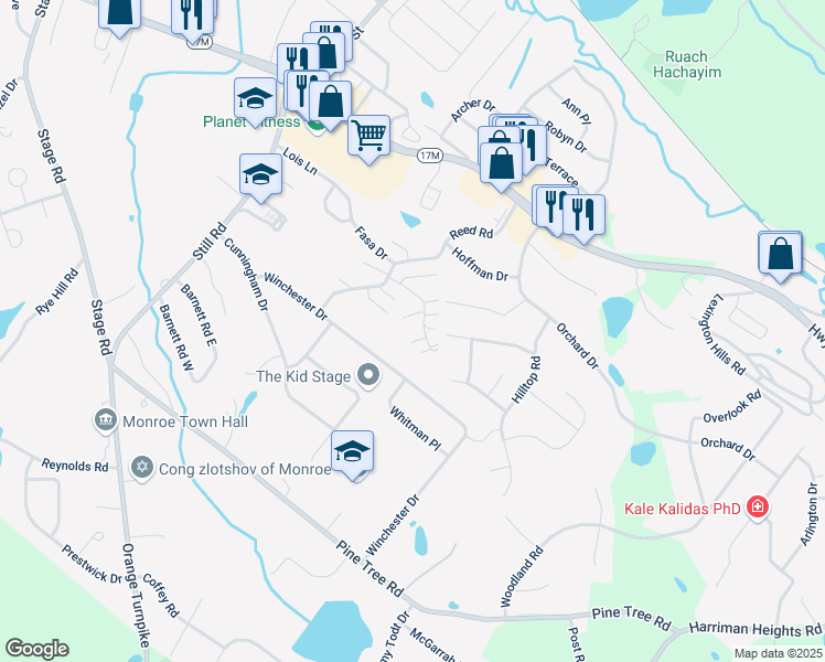 map of restaurants, bars, coffee shops, grocery stores, and more near 19 Vincenzo Court in Monroe