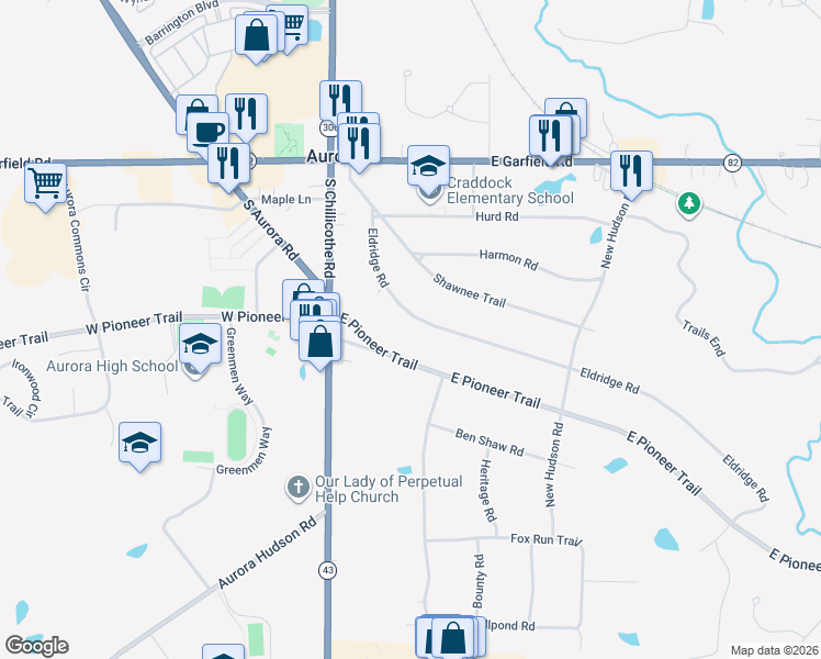 map of restaurants, bars, coffee shops, grocery stores, and more near 131 Eldridge Road in Aurora