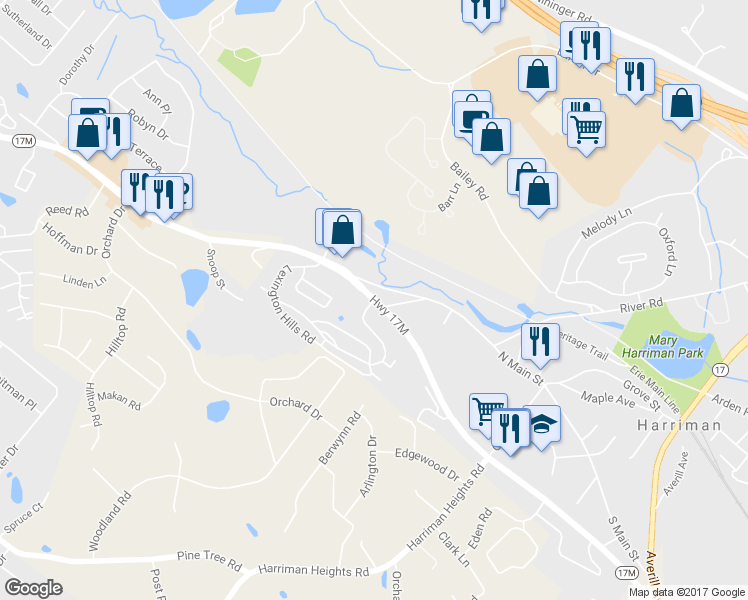 map of restaurants, bars, coffee shops, grocery stores, and more near New York 17M & Lexington Hills Road in Harriman