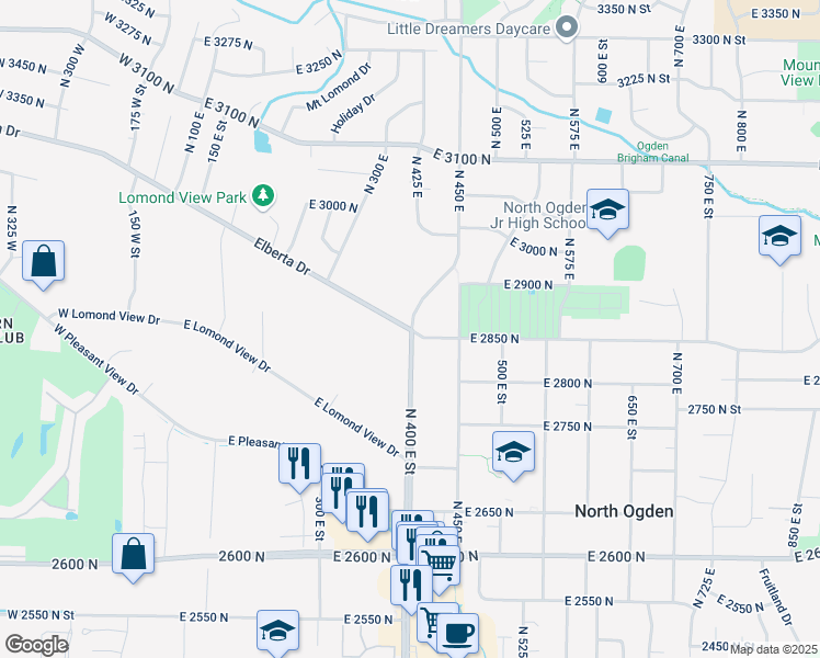 map of restaurants, bars, coffee shops, grocery stores, and more near 3203 North Washington Boulevard in Ogden