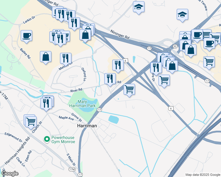 map of restaurants, bars, coffee shops, grocery stores, and more near 118 River Road in Harriman