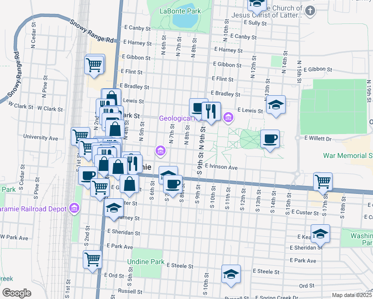 map of restaurants, bars, coffee shops, grocery stores, and more near 157 North 8th Street in Laramie