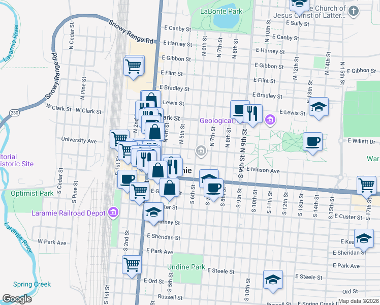 map of restaurants, bars, coffee shops, grocery stores, and more near 154 North 6th Street in Laramie