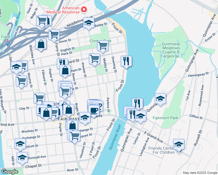 map of restaurants, bars, coffee shops, grocery stores, and more near 36 Pine Street in New Haven