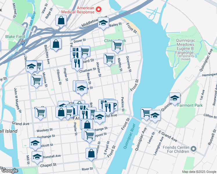 map of restaurants, bars, coffee shops, grocery stores, and more near 85 Pine Street in New Haven