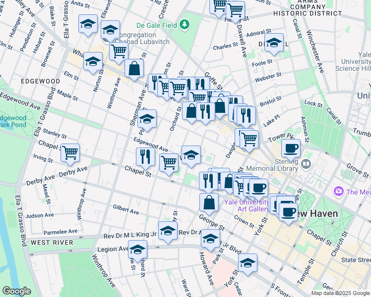 map of restaurants, bars, coffee shops, grocery stores, and more near 100 Kensington Street in New Haven