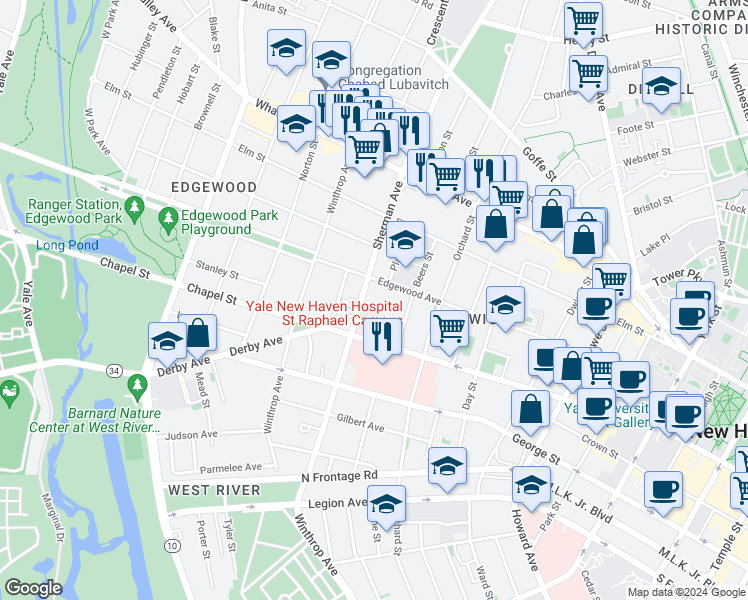 map of restaurants, bars, coffee shops, grocery stores, and more near 209 Sherman Avenue in New Haven