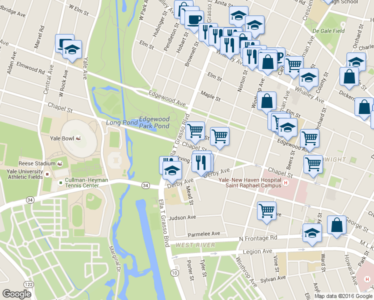map of restaurants, bars, coffee shops, grocery stores, and more near 1633 Chapel Street in New Haven