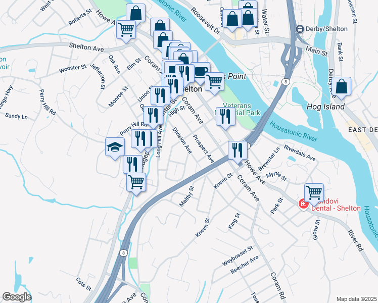 map of restaurants, bars, coffee shops, grocery stores, and more near 188 Division Avenue in Shelton