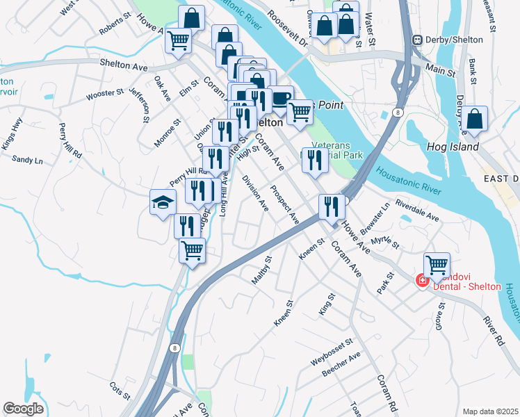 map of restaurants, bars, coffee shops, grocery stores, and more near 188 Division Avenue in Shelton