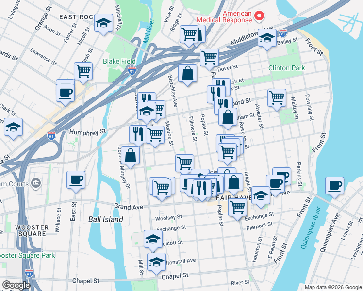 map of restaurants, bars, coffee shops, grocery stores, and more near 370 Blatchley Avenue in New Haven