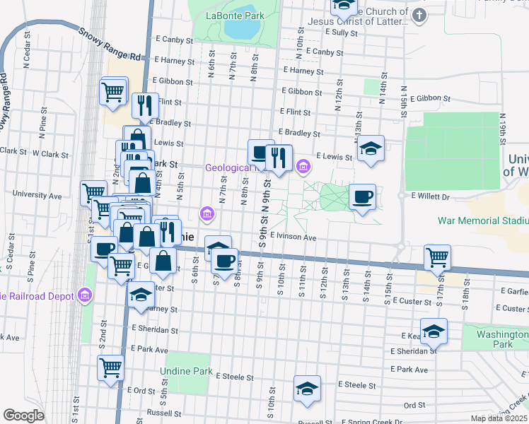 map of restaurants, bars, coffee shops, grocery stores, and more near in Laramie
