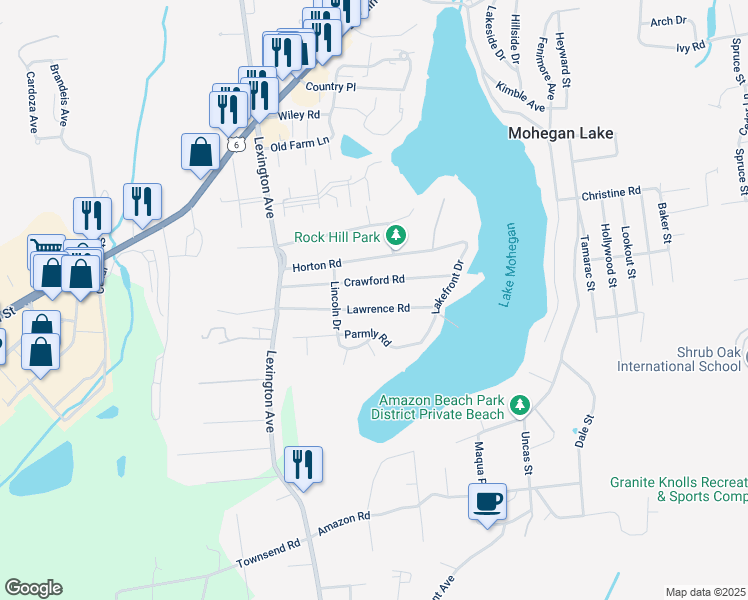 map of restaurants, bars, coffee shops, grocery stores, and more near 1711 Crawford Road in Mohegan Lake