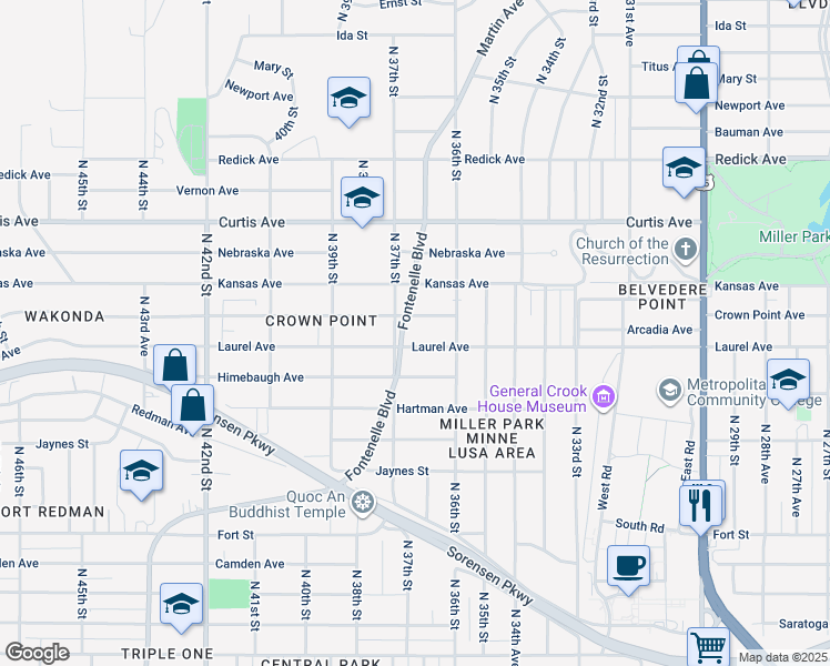 map of restaurants, bars, coffee shops, grocery stores, and more near 5909 Fontenelle Boulevard in Omaha