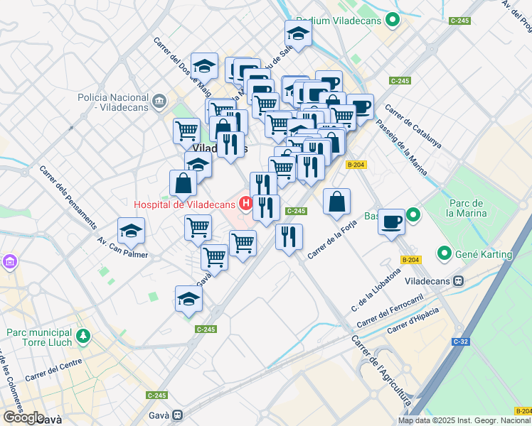 map of restaurants, bars, coffee shops, grocery stores, and more near in Viladecans