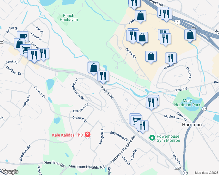 map of restaurants, bars, coffee shops, grocery stores, and more near 70 North Main Street in Harriman