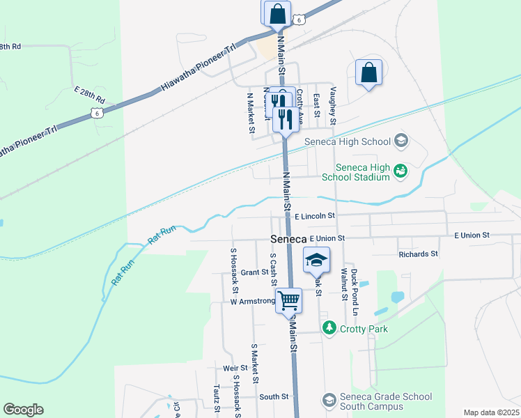 map of restaurants, bars, coffee shops, grocery stores, and more near 13 East Scott Street in Seneca