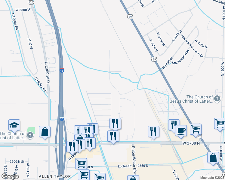 map of restaurants, bars, coffee shops, grocery stores, and more near 2747 North 1600 West in Ogden