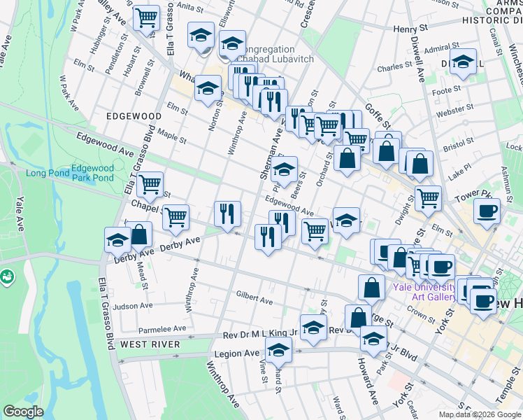 map of restaurants, bars, coffee shops, grocery stores, and more near 209 Sherman Avenue in New Haven