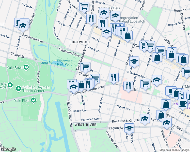 map of restaurants, bars, coffee shops, grocery stores, and more near 56 Norton Parkway in New Haven