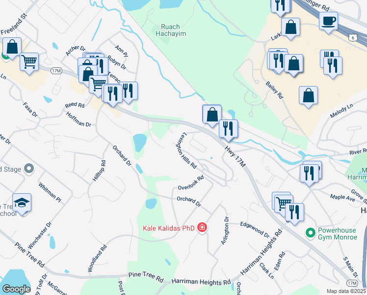 map of restaurants, bars, coffee shops, grocery stores, and more near 5 Lexington Hills Road in Harriman