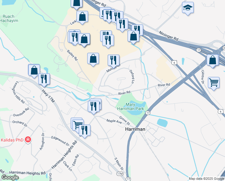 map of restaurants, bars, coffee shops, grocery stores, and more near 6 Oxford Lane in Harriman