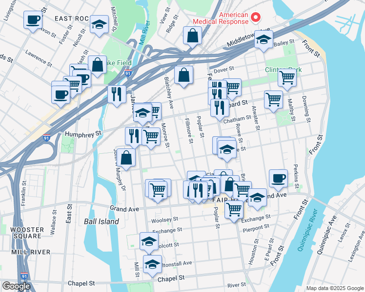 map of restaurants, bars, coffee shops, grocery stores, and more near 385 Blatchley Avenue in New Haven
