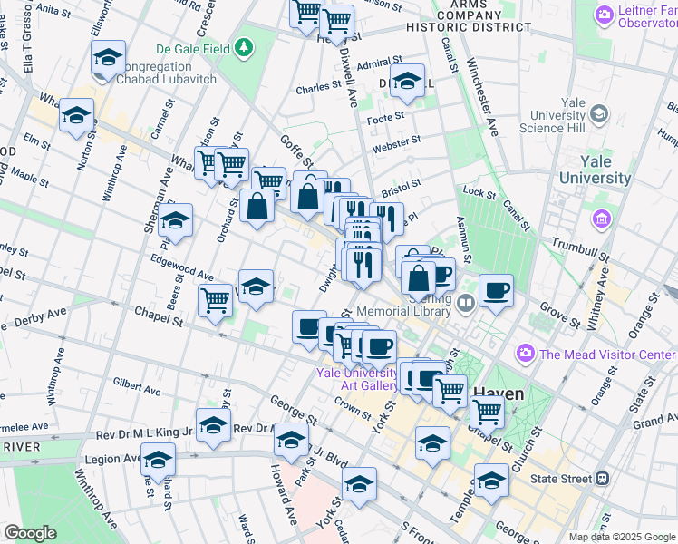 map of restaurants, bars, coffee shops, grocery stores, and more near 285 Dwight Street in New Haven