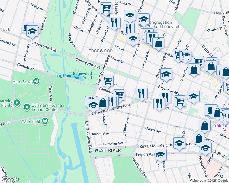 map of restaurants, bars, coffee shops, grocery stores, and more near 30 Stanley Street in New Haven