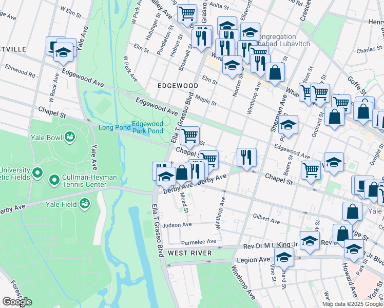 map of restaurants, bars, coffee shops, grocery stores, and more near 1633 Chapel Street in New Haven