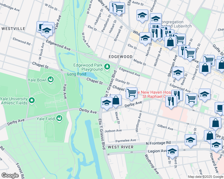 map of restaurants, bars, coffee shops, grocery stores, and more near 1633 Chapel Street in New Haven