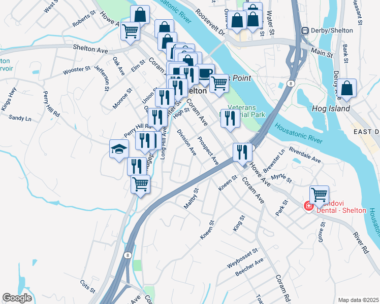 map of restaurants, bars, coffee shops, grocery stores, and more near 188 Division Avenue in Shelton