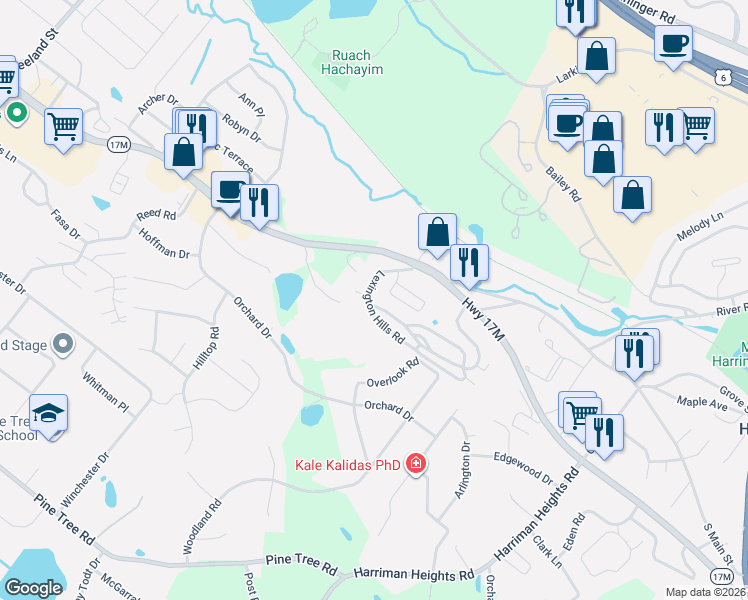 map of restaurants, bars, coffee shops, grocery stores, and more near 5 Lexington Hills Road in Harriman