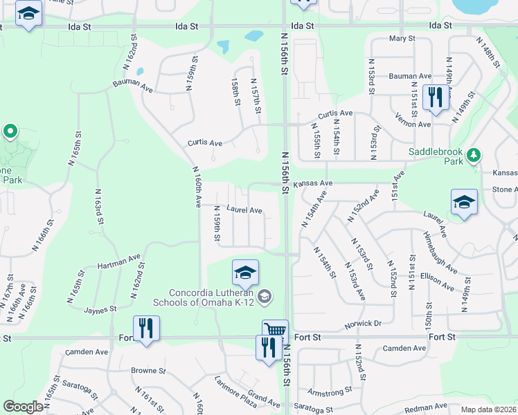 map of restaurants, bars, coffee shops, grocery stores, and more near 15748 Laurel Avenue in Omaha