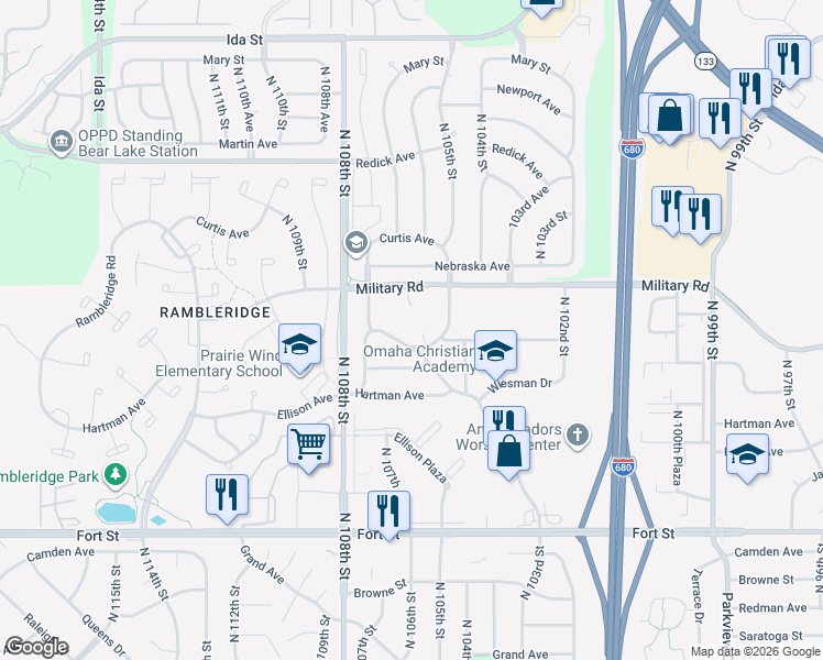 map of restaurants, bars, coffee shops, grocery stores, and more near 10601 Military Road in Omaha