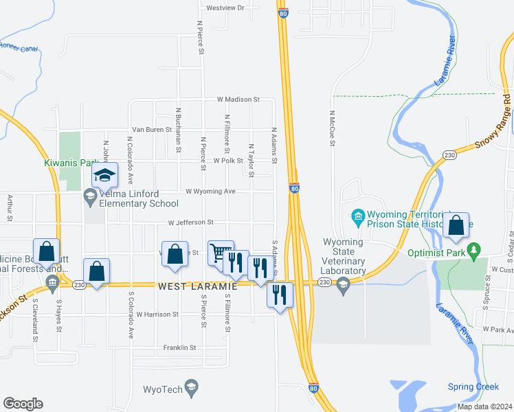 map of restaurants, bars, coffee shops, grocery stores, and more near 123 South Taylor Street in Laramie