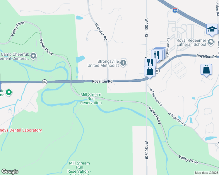 map of restaurants, bars, coffee shops, grocery stores, and more near 13663 Ohio 82 in Strongsville
