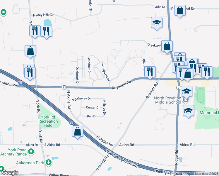 map of restaurants, bars, coffee shops, grocery stores, and more near Royalton Road in North Royalton