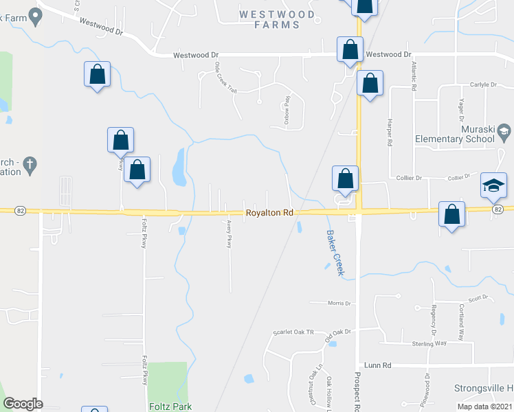 map of restaurants, bars, coffee shops, grocery stores, and more near 21600 Royalton Road in Strongsville