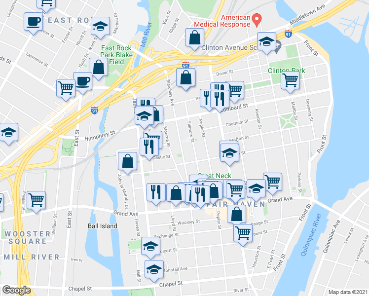 map of restaurants, bars, coffee shops, grocery stores, and more near 385 Blatchley Avenue in New Haven