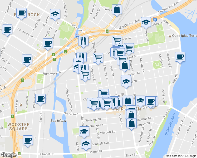 map of restaurants, bars, coffee shops, grocery stores, and more near 385 Blatchley Avenue in New Haven