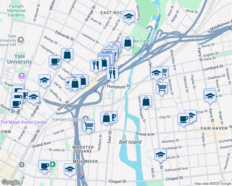 map of restaurants, bars, coffee shops, grocery stores, and more near 507 East Street in New Haven